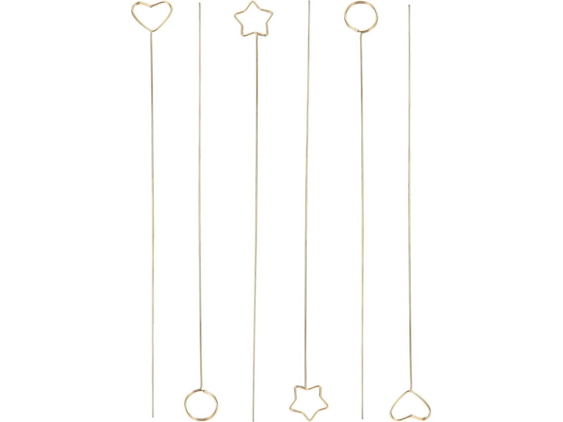 Conjunto de 30 alfinetes de metal dourado em formato circular, de coração e de estrela, ideais para decorar cartões e flores.