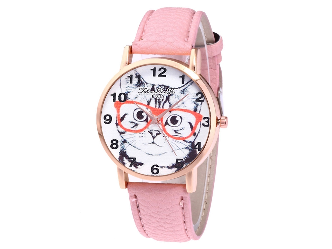 Relógio de pulso masculino com mostrador redondo, movimento de quartzo rosa e pulseira de couro.