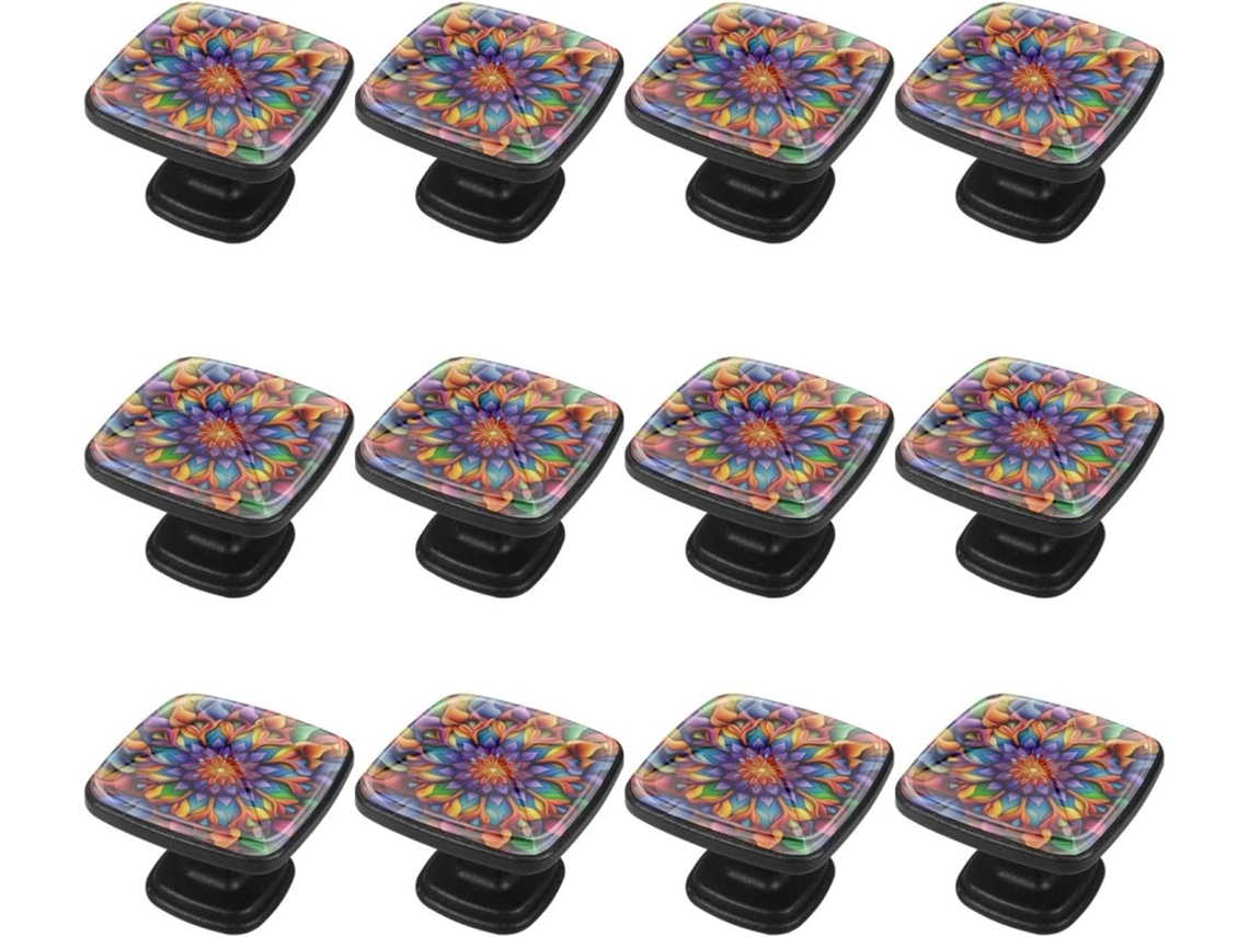Puxadores E Botões Quadrados Para Gavetas Armários, Conjunto De 12 Peças, Design Artístico Com Flores Do Arco Íris