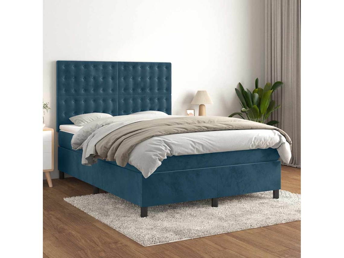 Vidaxl Cama Com Molas/colchão 140x200 Cm Veludo Azul-escuro