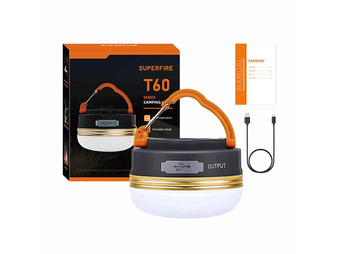 Lâmpada de acampamento SUPERFIRE T60 2,5W 1000mAh para energia portátil | SUPERFIRE