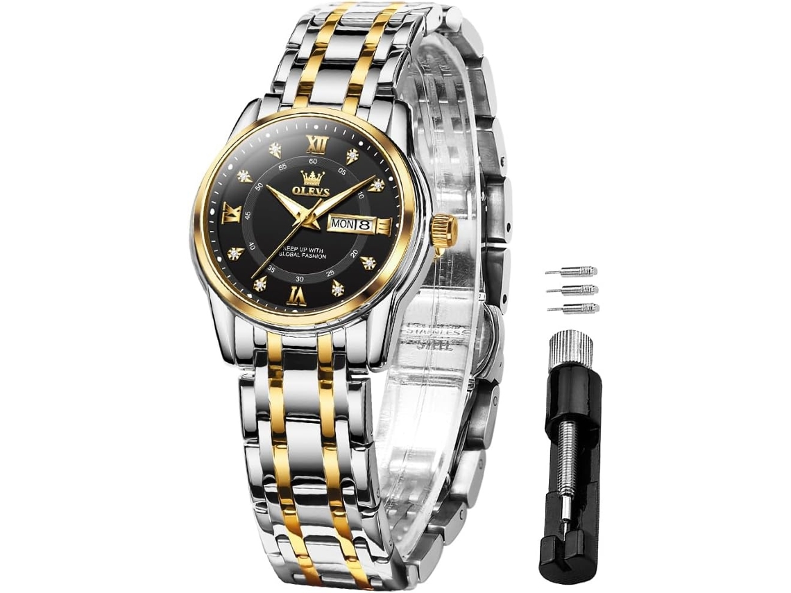 Lurelia Relógio Digital Feminino, Movimento De Quartzo, Cronómetro, Detalhes Com Strass, Aço Inoxidável, Resistente À Água, Rosa Ouro, Preto