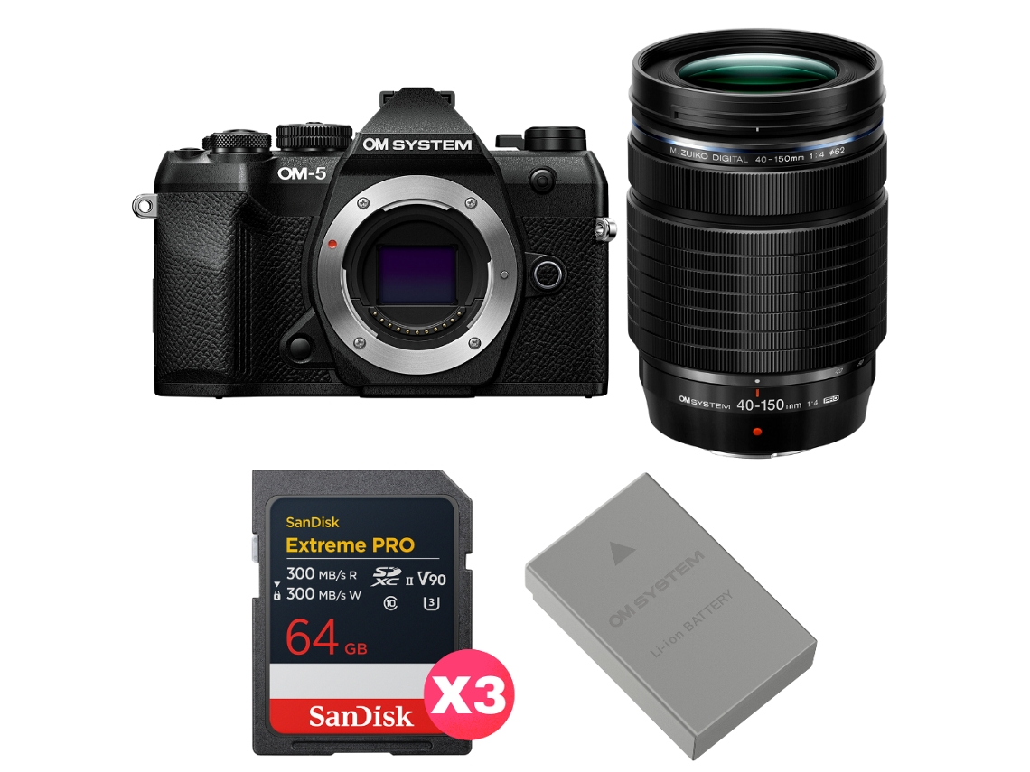 Om 5 Mark Ii Preto + 40 150mm F/4 Pro + 3 Sandisk 64gb Extreme Pro Uhs ii Sdxc + Om System Bls 50 + Ebook Pricedirect OM SYSTEM