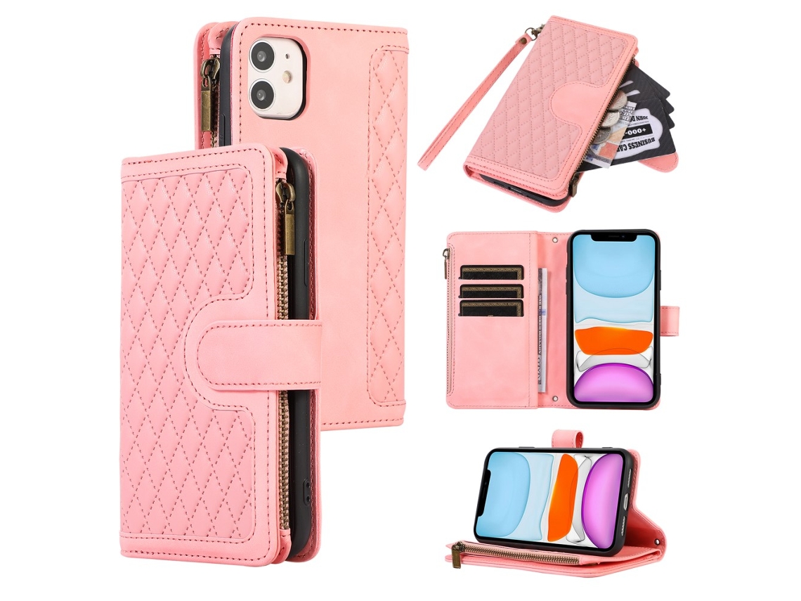 Capa Para Iphone 11 Pele Sintética Com Porta-cartões Rosa