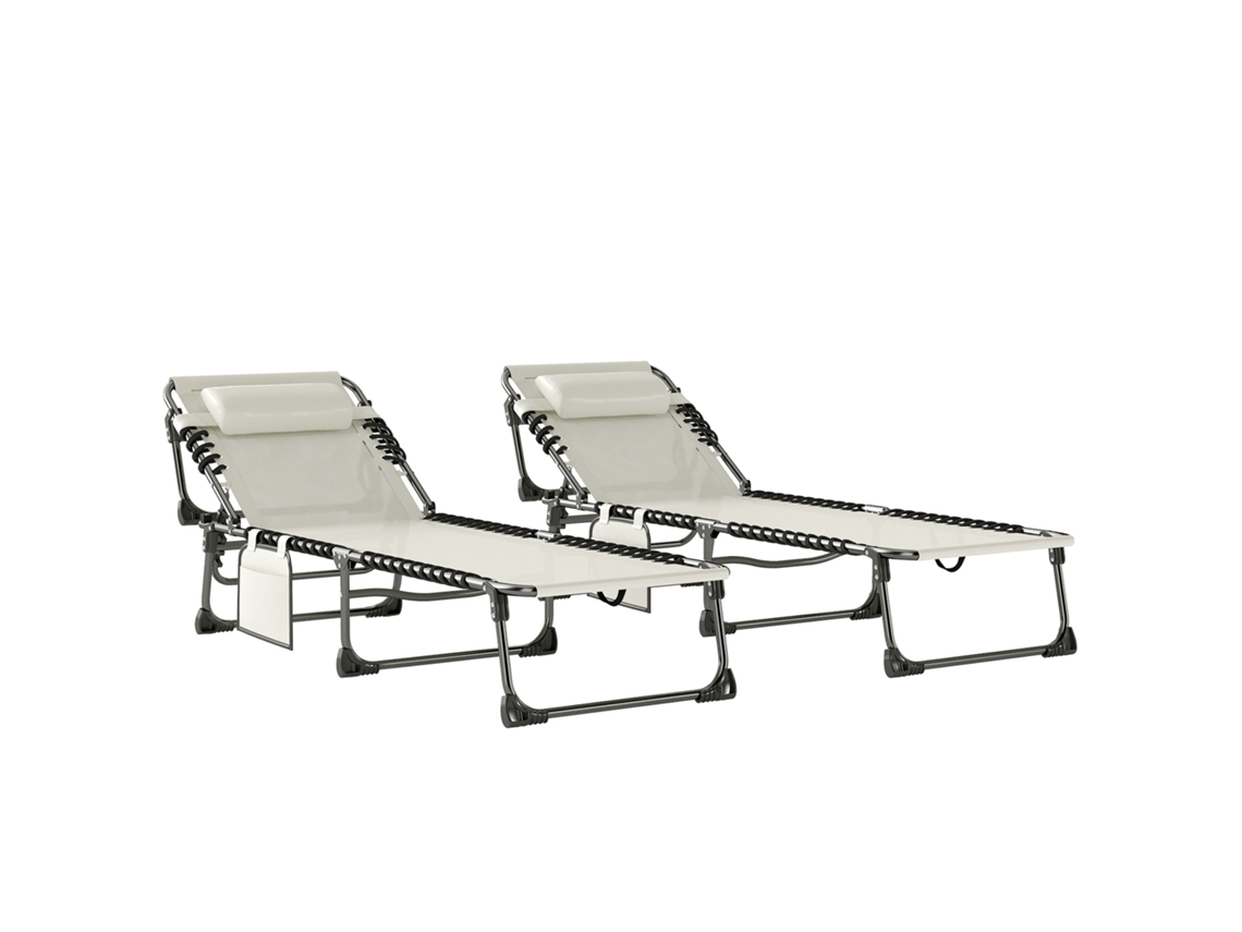 Conjunto 2 Espreguiçadeiras Jardim 5 Posições Apoio Cabeça 200x57cm Creme