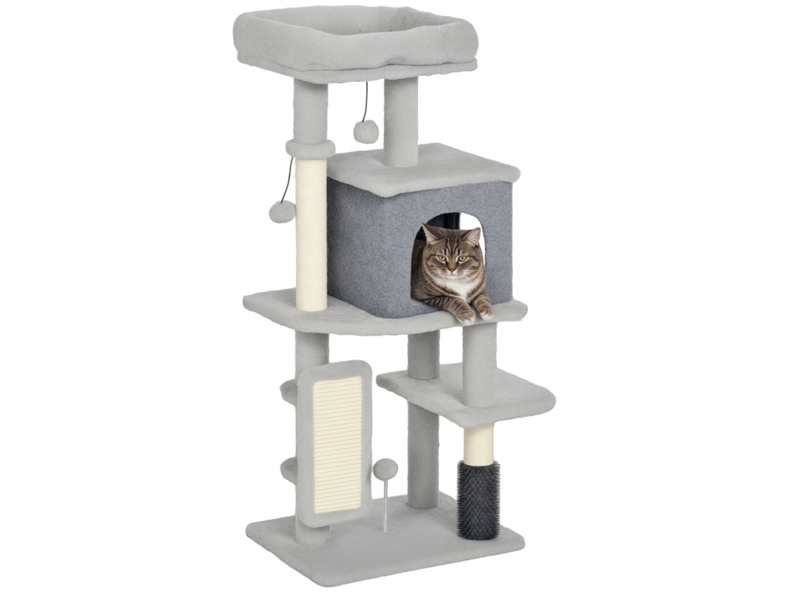 Árvore de Arranhão de Gato 104 Cm com Plataforma Poste com Escova, Bolas Penduradas e Almofada de Arranhão Cinza Ge