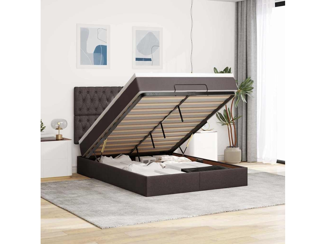 Estrutura Cama Otomana Colchão 140x190cm Tecido Castanho Escuro