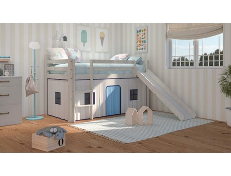 Cama Alta Infantil VENPRODIN Com Escorrega E Escada Em Madeira de Pinho Branco (108.5 x 98 x 198 cm)
