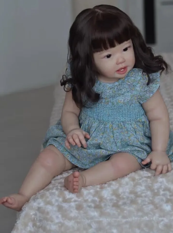 (azul) Boneca Gigante De 70 Cm Com Cabelo Preto Comprido, Tamanho Realista Para Bebê De 9 Meses