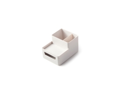 Organizador de mesa com gaveta e suporte para lapiseira A4, em resina ABS, cinza e branco.