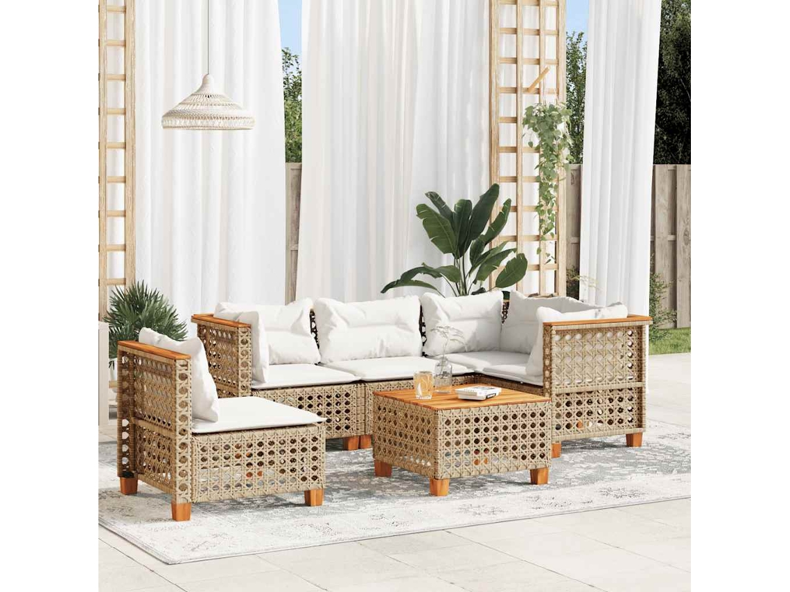 Vidaxl 6 Pcs Conjunto De Sofás P/ Jardim Com Almofadões Vime Pe Bege