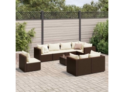 Vidaxl 9 Pcs Conjunto Lounge De Jardim C/ Almofadões Vime Pe Castanho