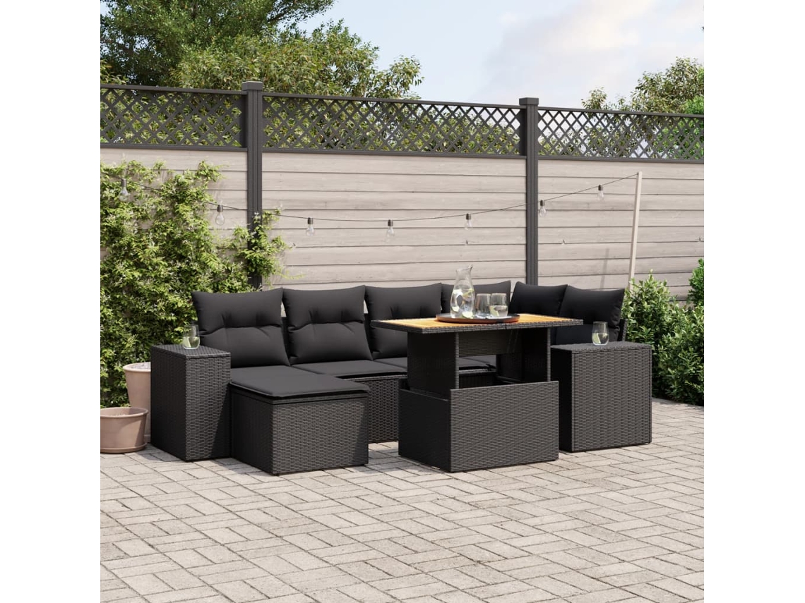 Vidaxl 7 Pcs Conjunto De Sofás P/ Jardim C/ Almofadões Vime Pe Preto