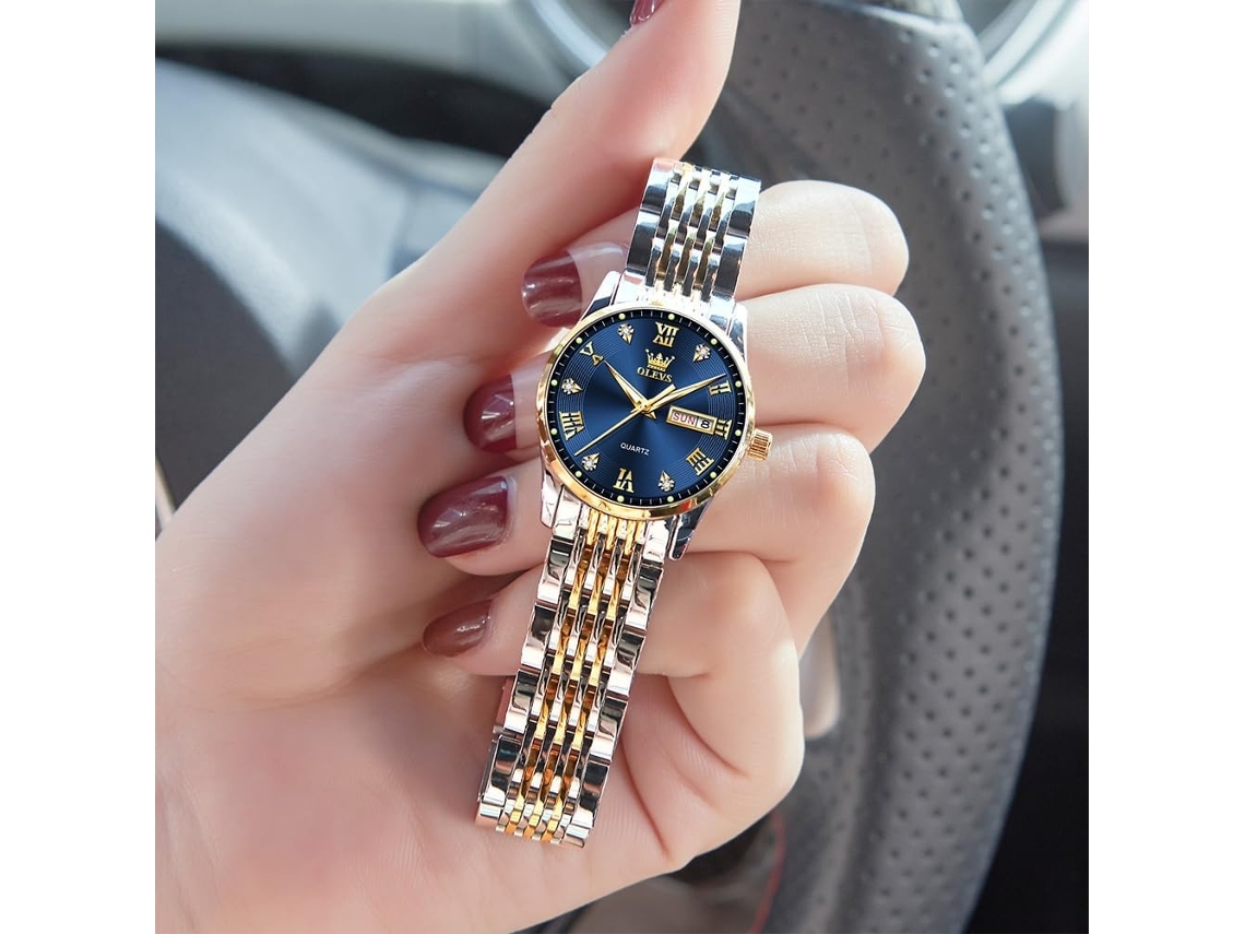 Lurelia Relógio Feminino, Duplo Fuso/mostrador, Detalhes Com Strass, 27 Mm, 15 Mm, Aço Inoxidável, Resistente À Água, Rosa Ouro, Prata
