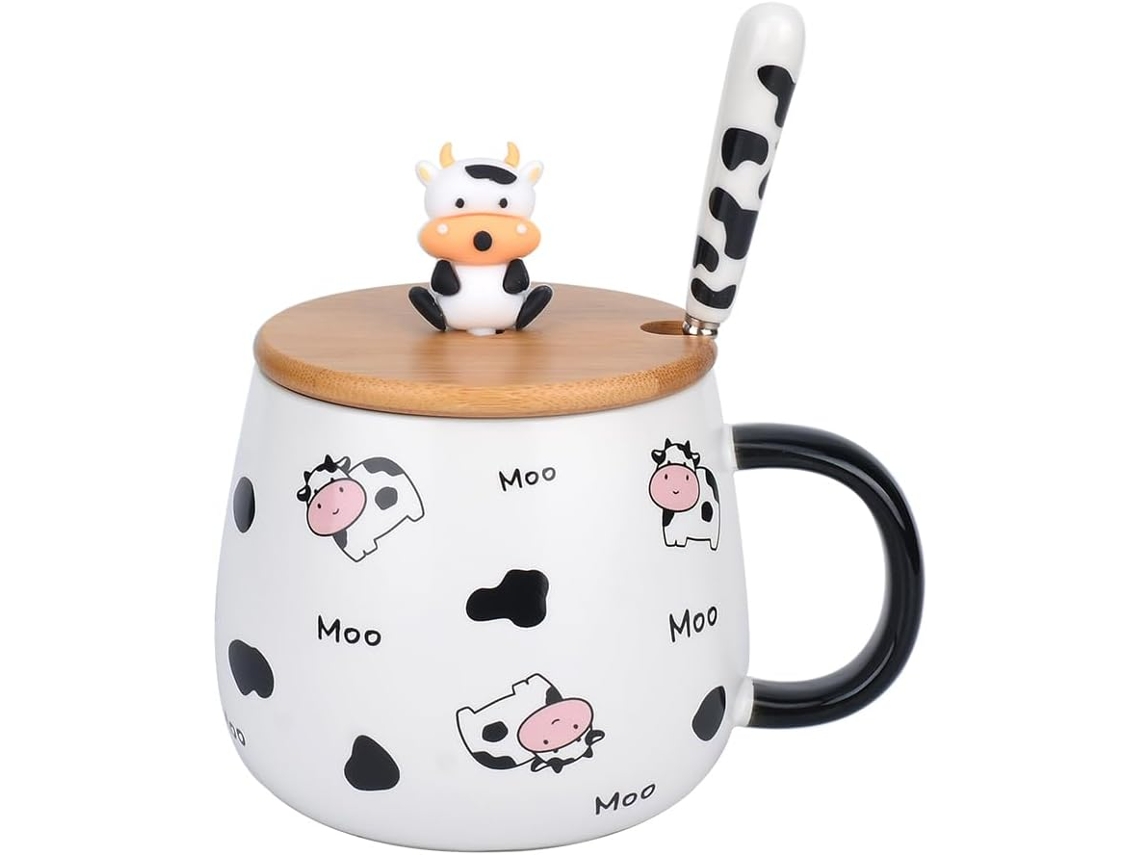 Caneca De Café Fofa Com Estampa Animal, Tampa E Colher, Presente Fofo Vaca, Xícara Chá Cerâmica, Kawaii, Para 480ml Aquaforge