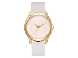 Relógio Feminino de Pulso com Pulseira Pu, Mostrador Redondo e Decoração de Laço, Quartzo Branco