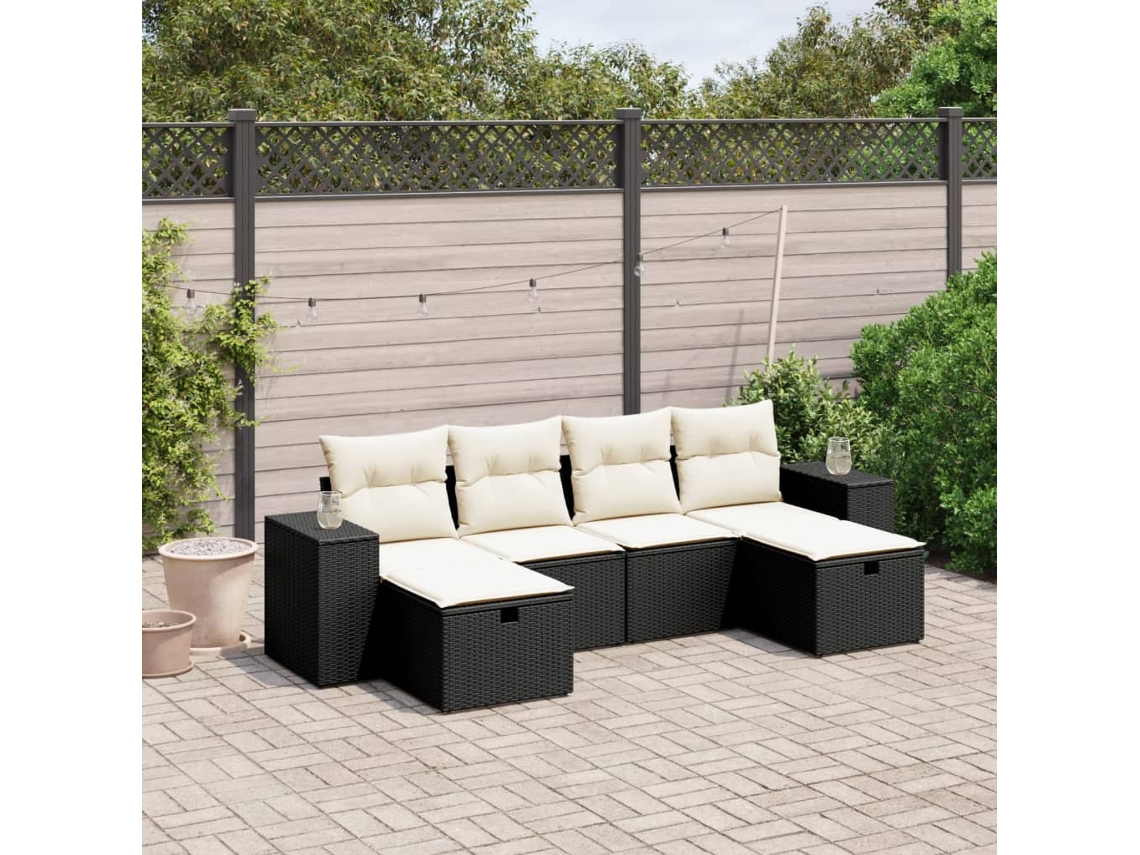 Vidaxl 6 Pcs Conjunto Sofás De Jardim C/ Almofadões Vime Pe Preto