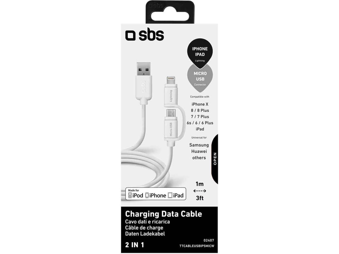 Cabo SBS 2 em 1 (USB - Micro-USB+Lightning - 1m - Branco)