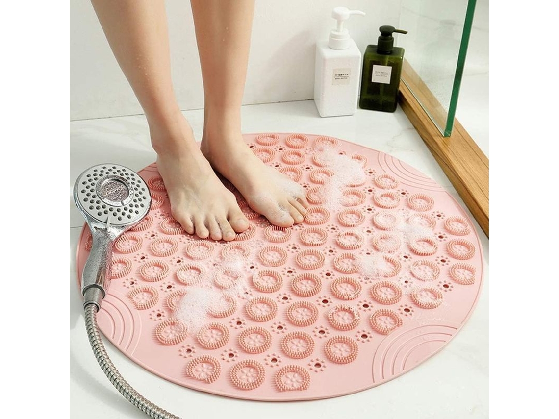 Tapete De Banho Redondo Rosa Com Massagem Antideslizante Lavável Na Máquina 55x55cm