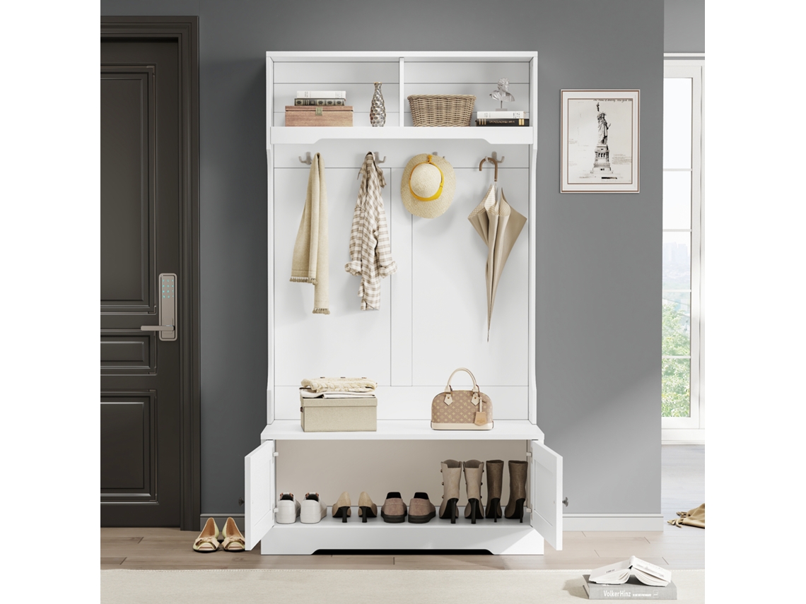 Guarda-roupa branco para hall de entrada com espaço de armazenamento embaixo ou no assento, 4 ganchos e 2 compartimentos abertos.