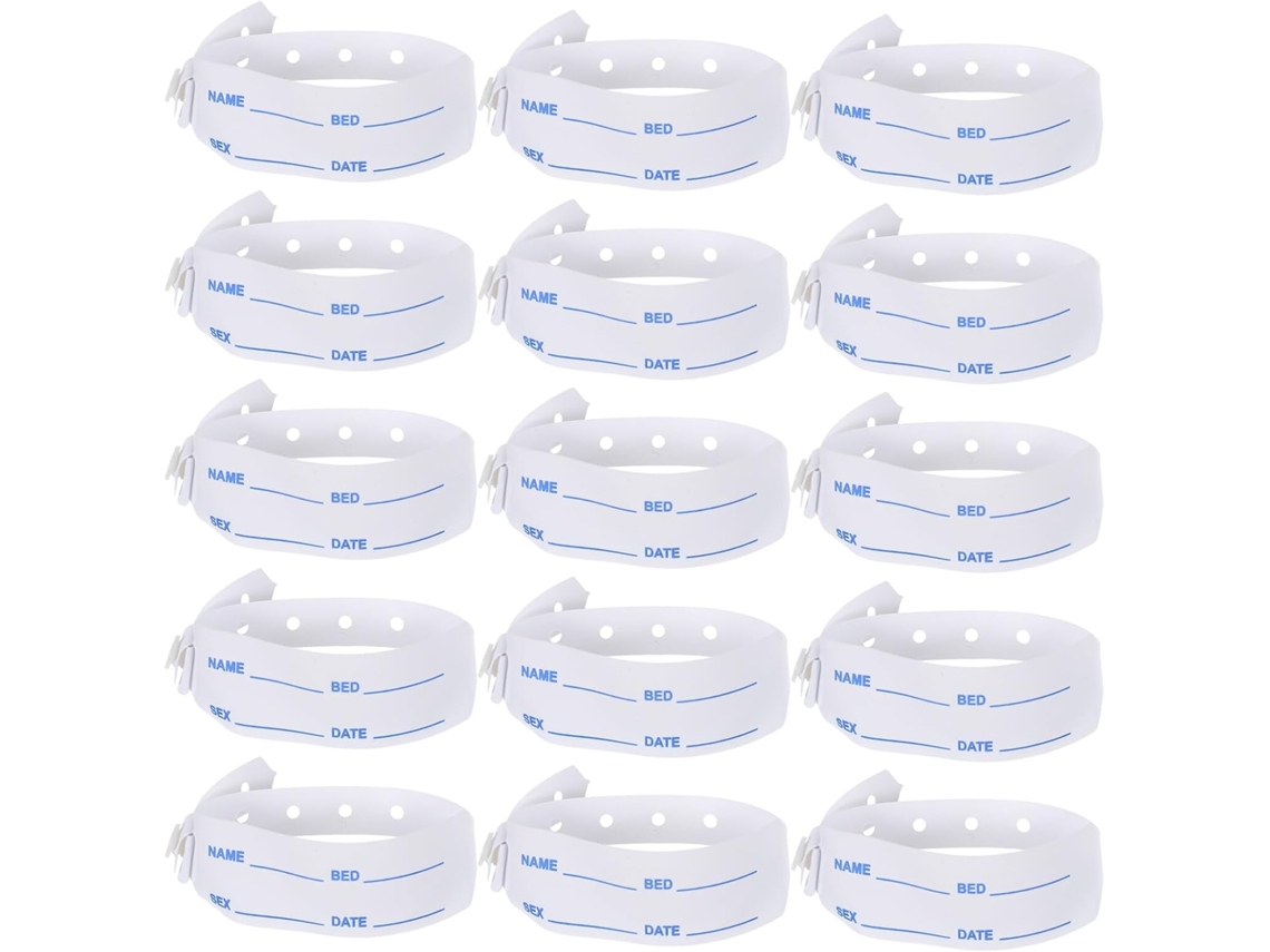 Pulseira de identificação médica ajustável em PVC, pacote com 100 unidades.