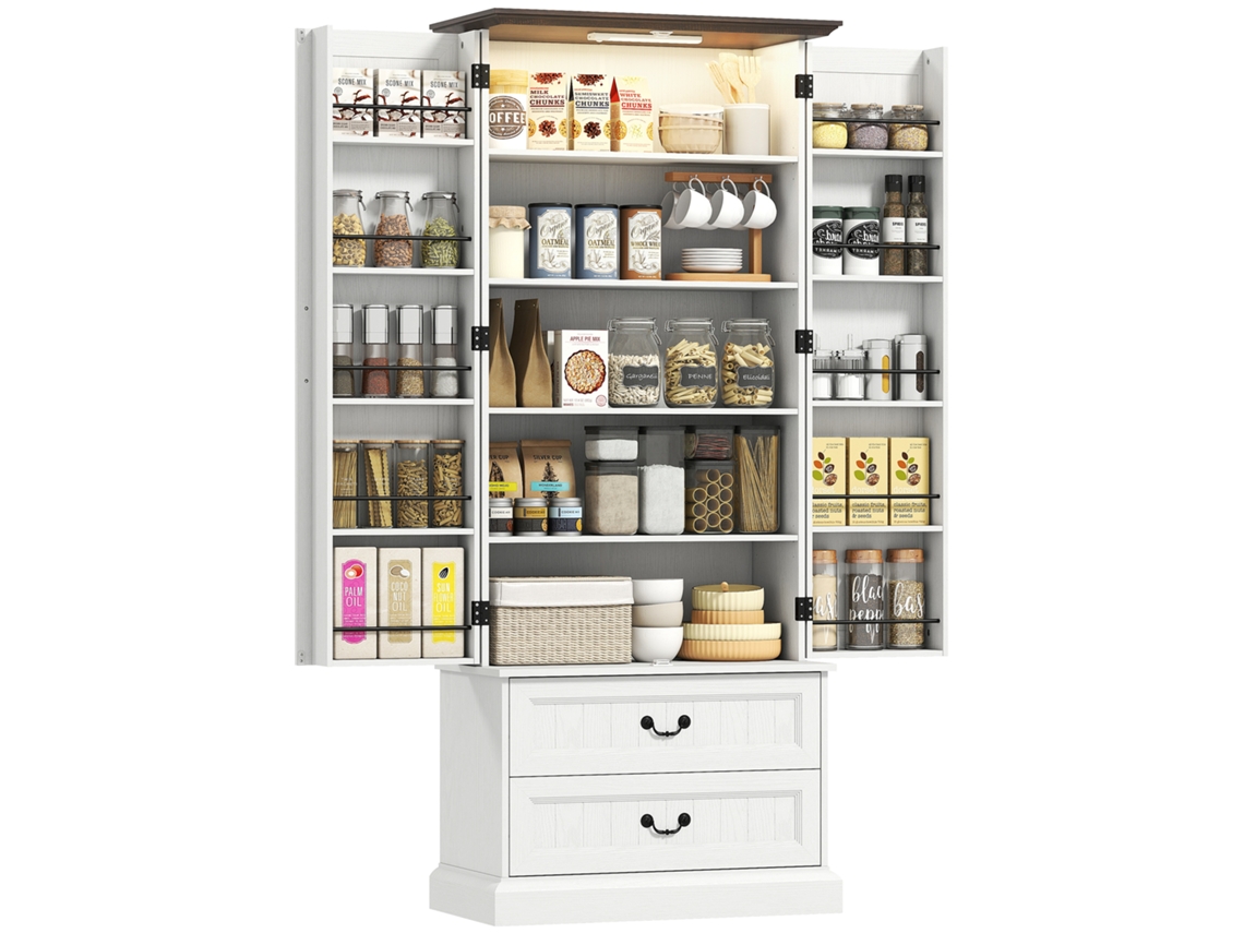 Aparador Alto da Cozinha S/MARCA com 2 portas, gavetas, prateleiras ajustáveis e LED sensor (76x39,5x183cm)