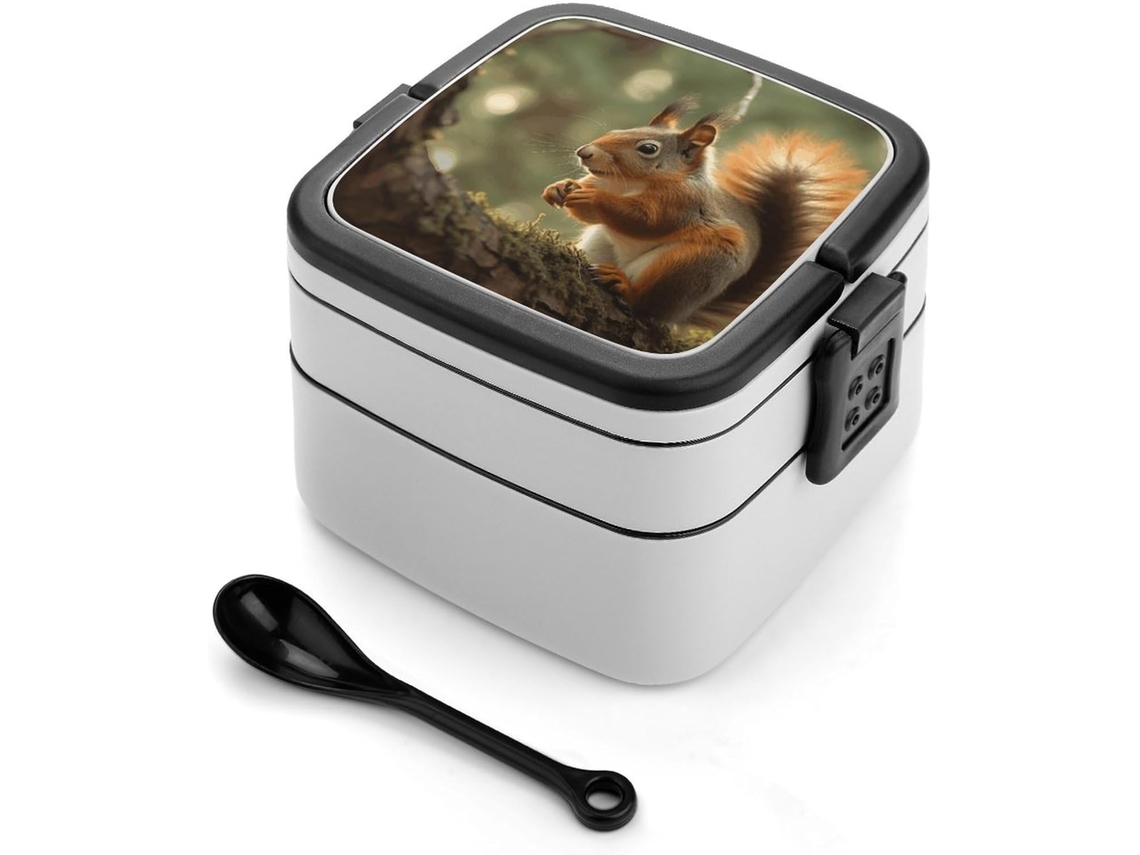 Lancheira Bento Para Adultos Com Estampa De Esquilo Da Floresta E Colher, Recipiente Fofo De Camada Dupla Para Almoço