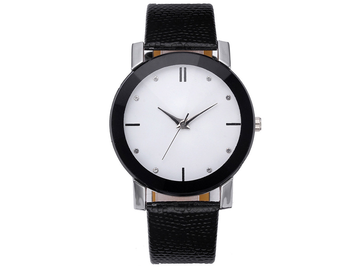 Relógio casual de quartzo com pulseira de couro PU para estudantes, mostrador grande com pedras brancas.