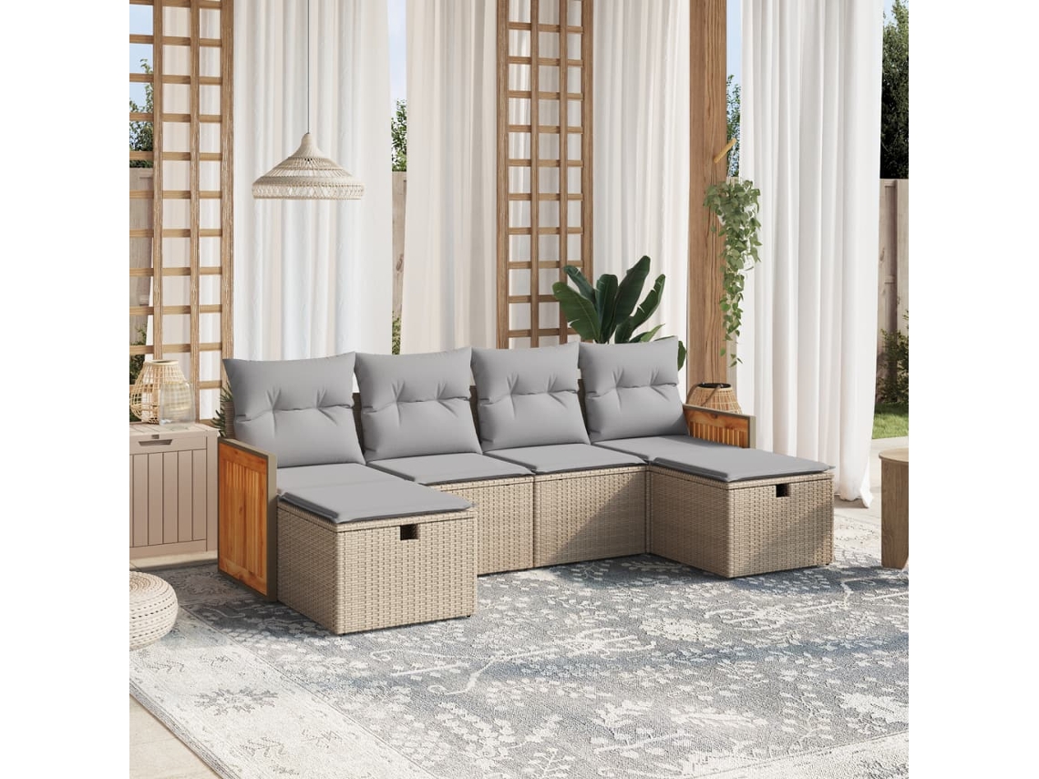Vidaxl 6 Pcs Conj. Sofás Jardim C/ Almofadões Vime Pe Bege Misturado