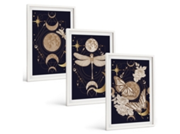 Conjunto De Pinturas Motivos Da Natureza, Lua, Flores Moldura Branca Pinturas De Quarto Espelharte (3 Piezas De 40x60 Cm)