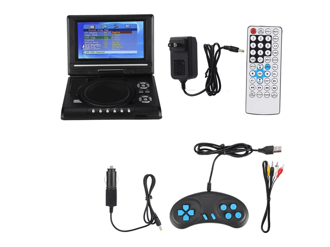 Leitor De Dvd Portátil Com Tela Giratória De 7 Polegadas, Bateria Recarregável, Tv, Carregador Veicular E Gamepad Plugue Americano 100 240v Brilvibera