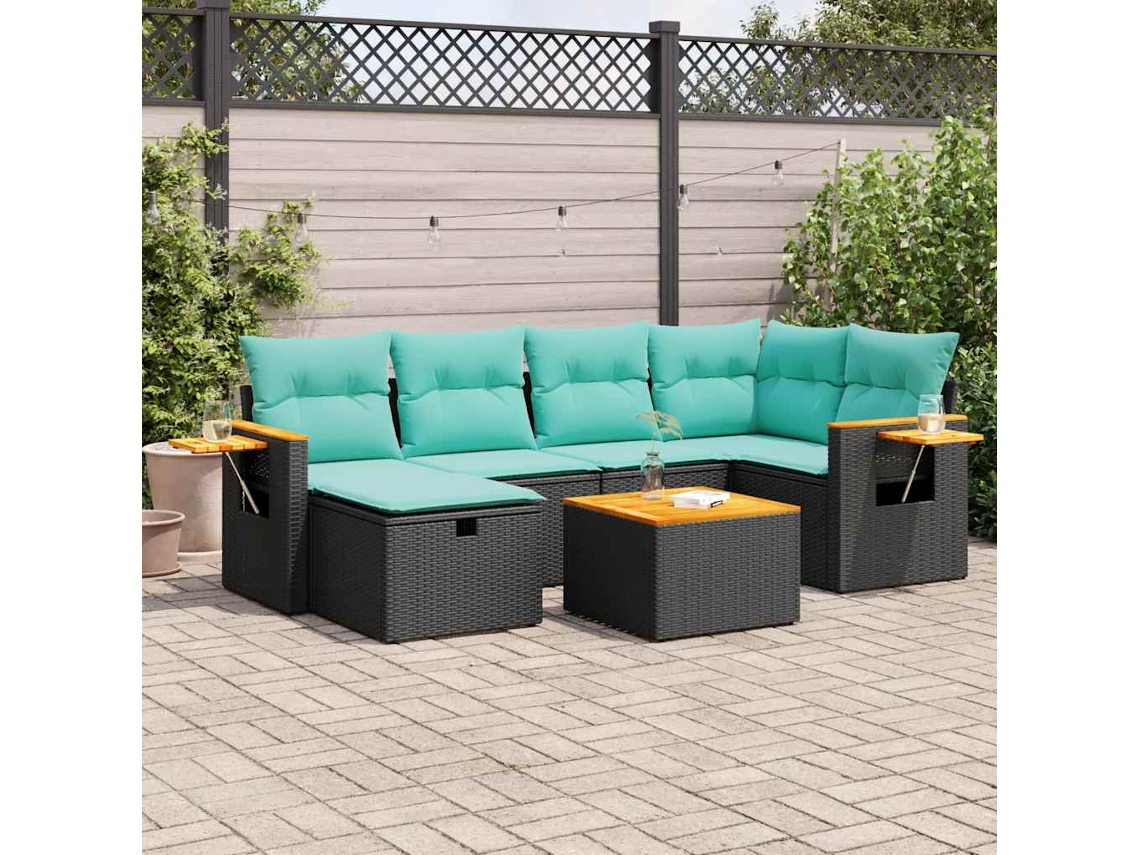 Vidaxl 7 Pcs Conjunto De Sofás P/ Jardim C/ Almofadões Vime Pe Preto