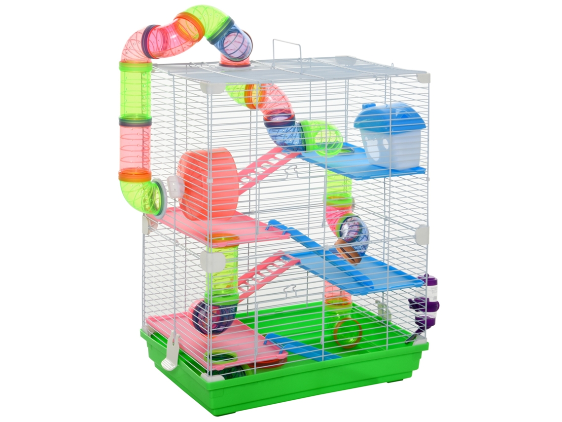 Gaiola de hamster com túneis, rampas, tigelas e roda de exercícios 46x30x58cm verde branco S/MARCA