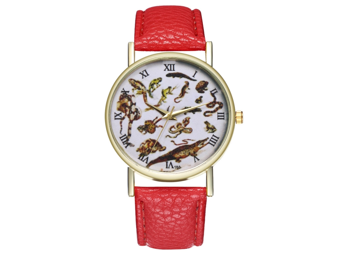 Reloj De Cuarzo Con Correa De Cuero Pu, Patrón Animal Y Números Romanos, Unisex (rojo)