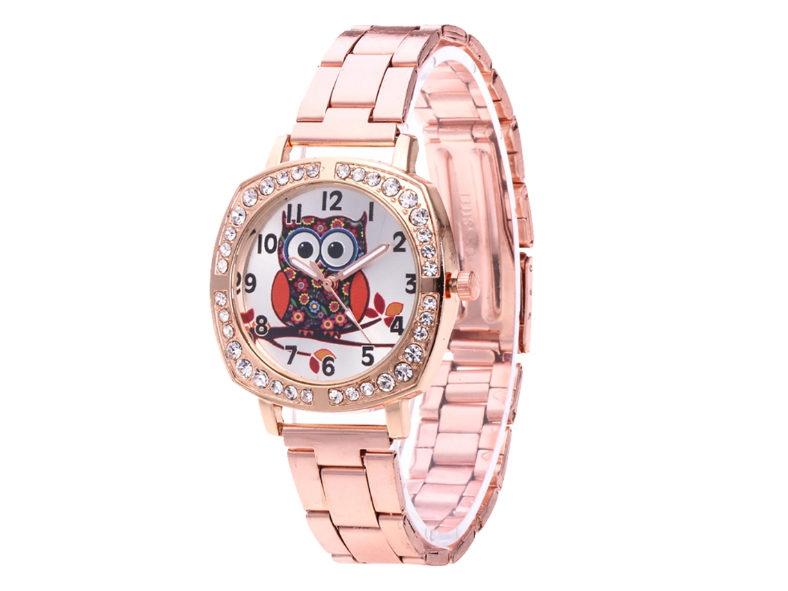 Relógio de quartzo moderno com pulseira de aço, mostrador redondo e estampa de coruja para casais (ouro rosa)