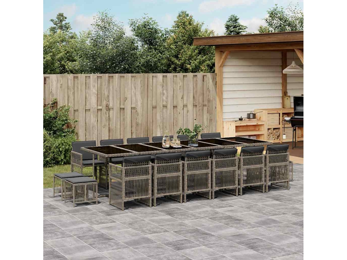Vidaxl 17 Pcs Conj. De Jantar P/ Jardim C/ Almofadões Vime Pe Cinzento
