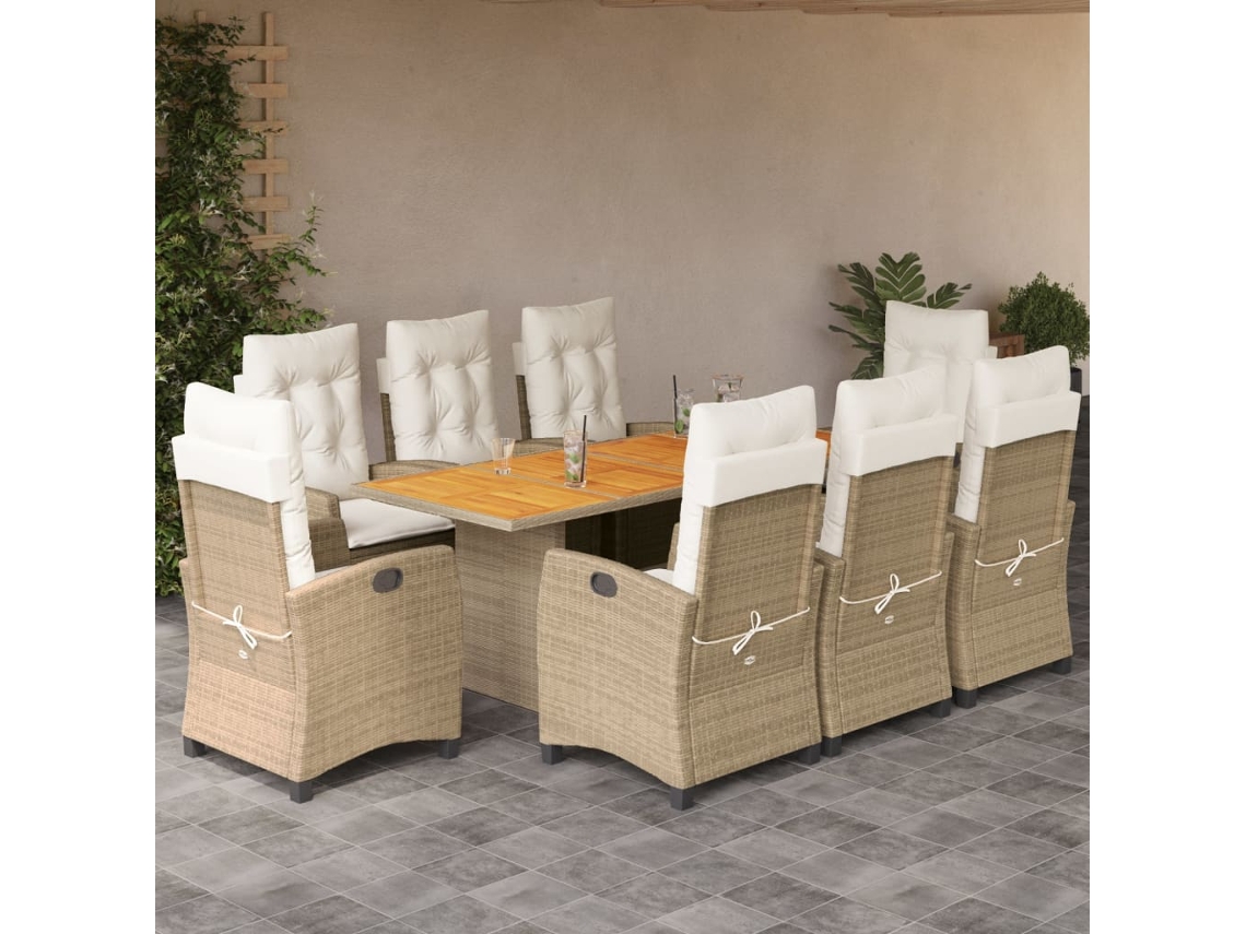 Conjunto 9 Peças Jantar P/ Jardim Com Almofadões Vime Pe Bege Dkd Home Decor