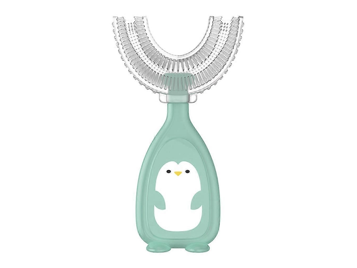 Escova de Dentes Manual Infantil com Desenho Pinguim, Formato U, Rotação 360 ​​graus, Mordedor, Silicone Mac Io, Verde, Grande. GOKOCO