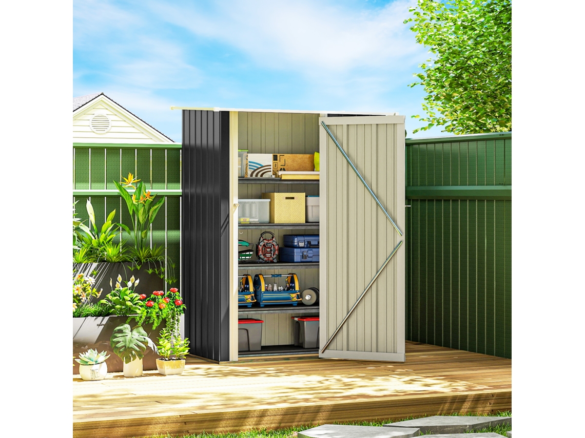 Abrigo De Jardim 1.07m² 142x84x189cm Aço Galvanizado C/porta Fechadura E Orifícios Drenagem Para Armazenamento Ferramentas Cinza