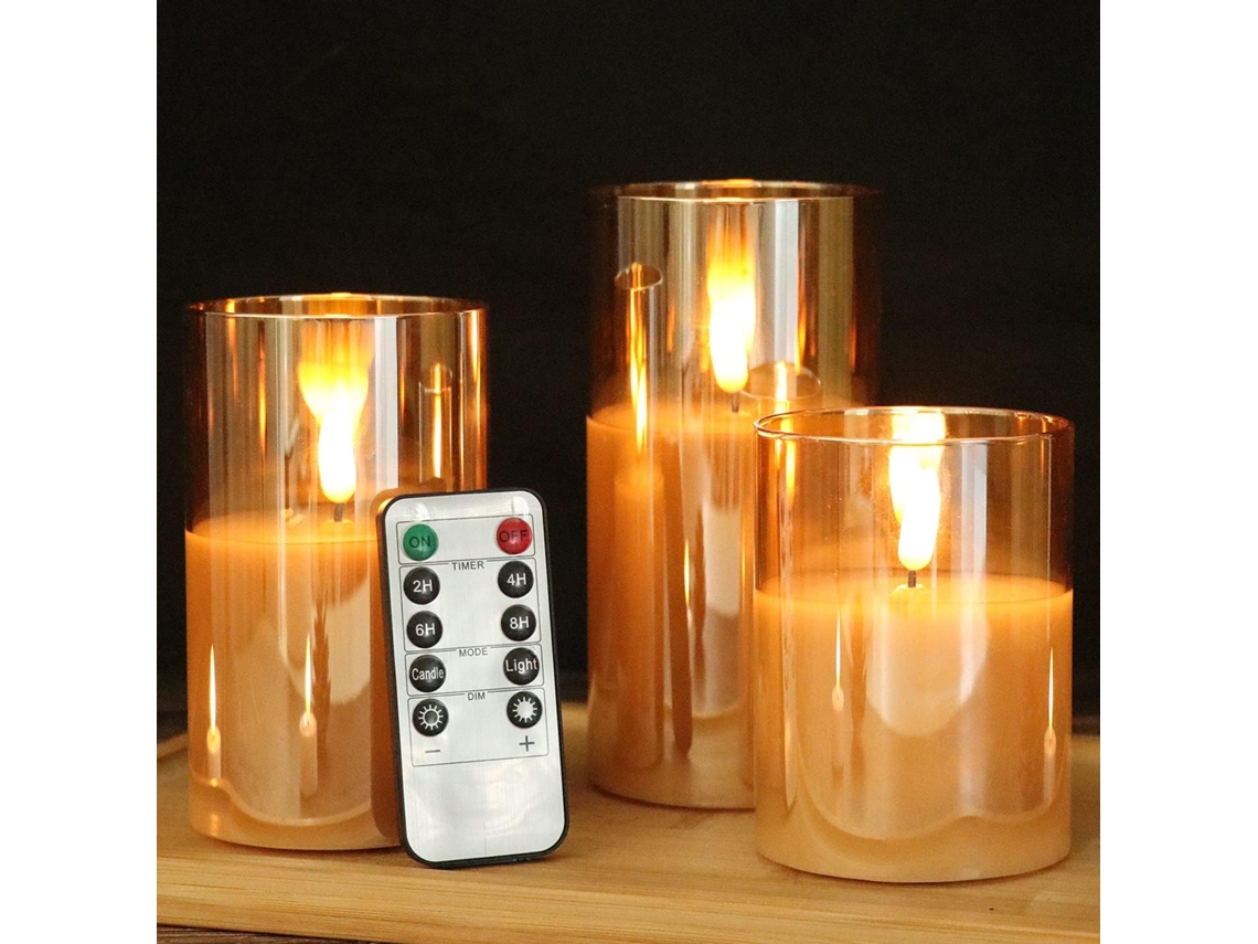 Vela Led De Vidro Sem Chama , Funcionamento A Bateria Com Controle Remoto E Timer Ouro Panoona