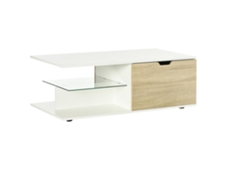 Mesa de centro retangular, 2 gavetas, 2 nichos, vidro temperado, branco, madeira clara | S/MARCA