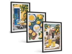 Pinturas Murais Modernas Limonada, Pátio, Sol Moldura Preta Imagens Para Um Quarto Infantil Espelharte (3 Piezas De 40x60 Cm)