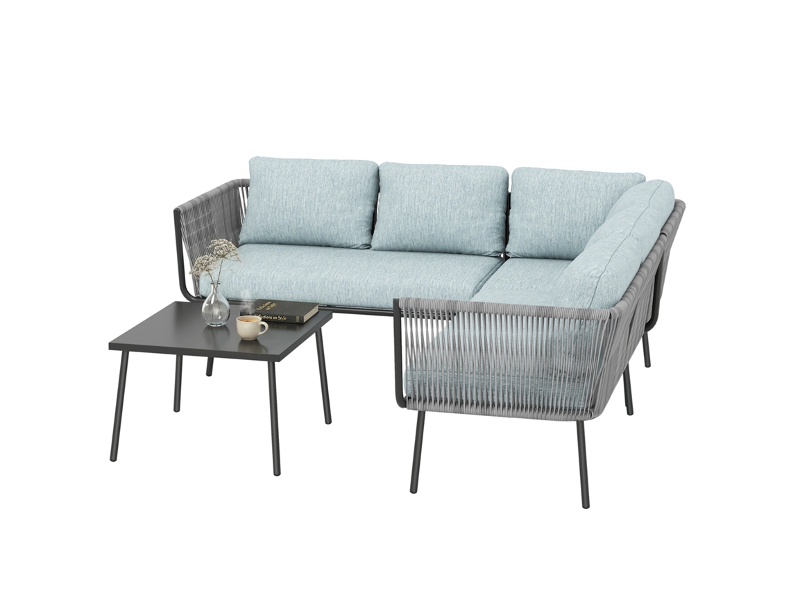Sofá de Canto Rattan Azul Claro com almofadas e mesa de centro | S/MARCA