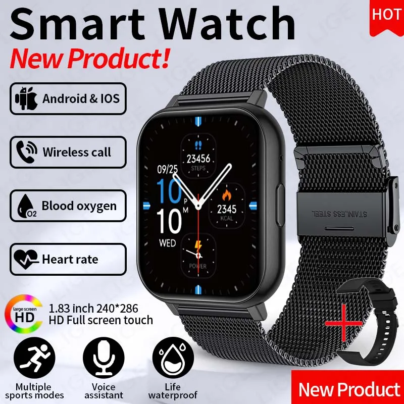 (preto) Smartwatch Com Tela Sensível Ao Toque De 1,83 Polegadas, Ideal Para Esportes E Fitness, Compatível Com Chamadas Bluetooth.