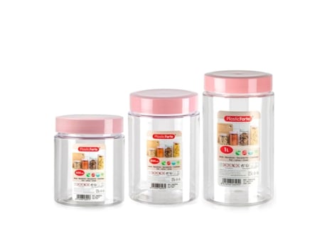PLASTIC FORTE Conjunto de 3 boiões Montecarlo 06L 08L e 1L Rosa Despensa Ideal Rosa