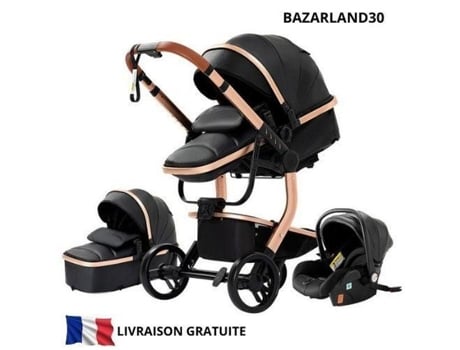 Bazarland30. Carrinho 3 Em 1 Bebê Combinado Assento Cadeira Nacelle Trio Reversível Couro Pu Rodas Infláveis Canne.preto