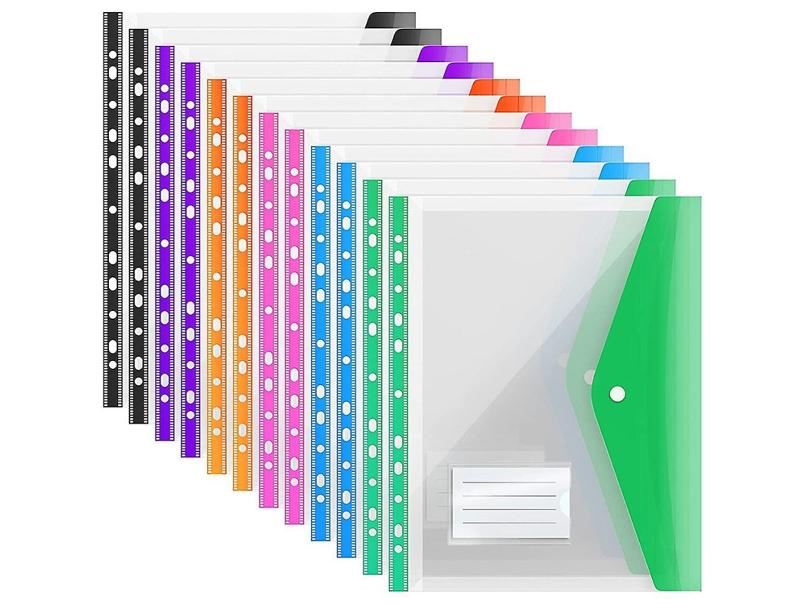 Pacote com 12 Bolsos Plásticos A4 Expansíveis e Perfurados para Fichários A4, com Fecho de Pressão BRILVIBERA