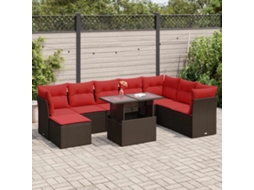 Vidaxl 9 Pcs Conj. Sofás Jardim C/ Almofadões Vime Pe/acácia Castanho