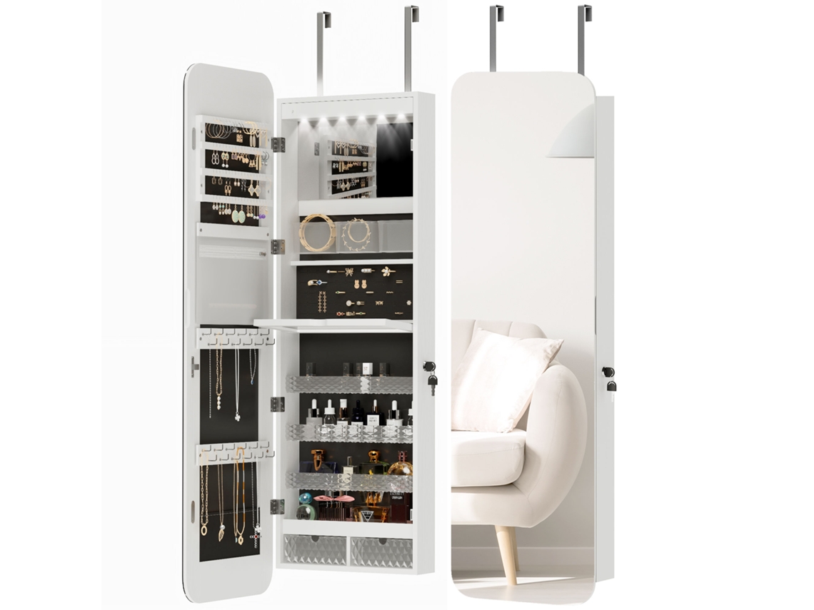 Espelho de parede com porta jóias e porta interno iluminado com fechadura 37x10x120 cm BTFORUS