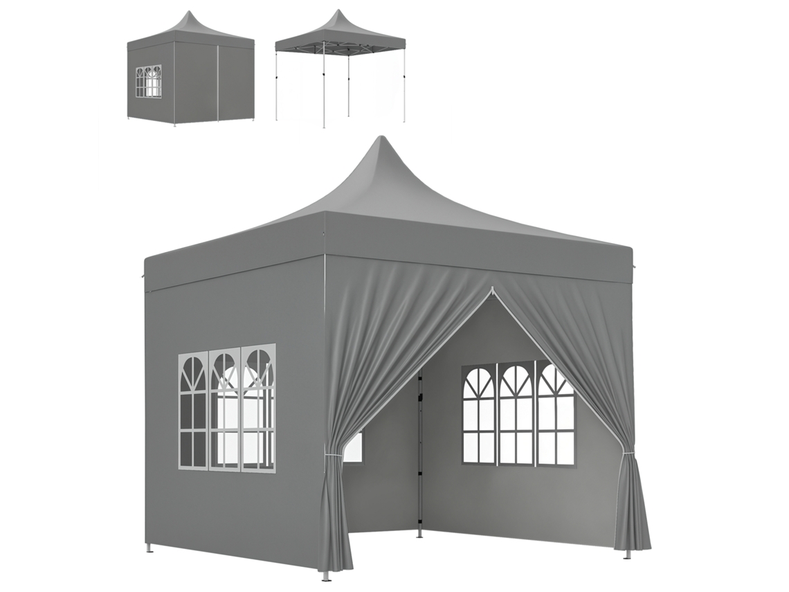 Toldo de Jardim 3x3m, com 4 Paredes Laterais Removíveis, Janelas, Saco, Cinza BTFORUS